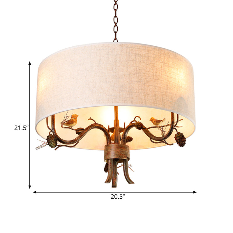 Vintage Drum Shade Chandelier Pendant Light With Pine Branch And Bird Design - 3 Bulbs Fabric Ideal