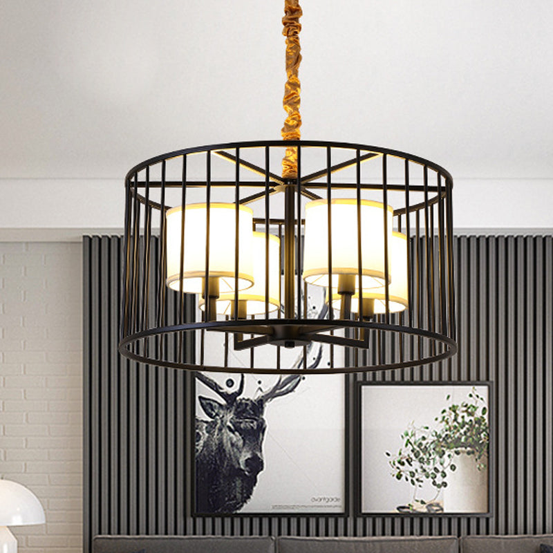 Cylinder Pendant Chandelier: Classic Metal 4-Light Black Fixture With Fabric Shade - Perfect For