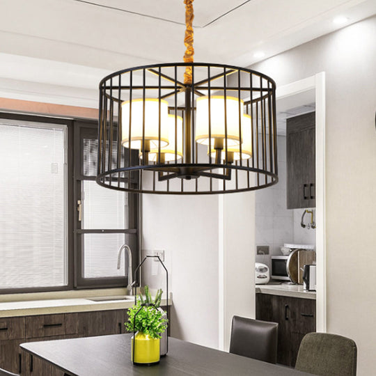 Cylinder Pendant Chandelier: Classic Metal 4-Light Black Fixture With Fabric Shade - Perfect For