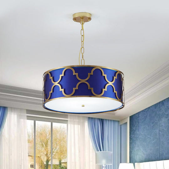 Drum Shade Chandelier Light - Nordic Style Ceiling Lamp For Dining Room 3 Lights Black/White/Blue