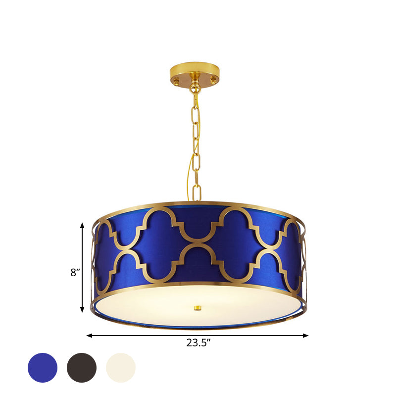 Drum Shade Chandelier Light - Nordic Style Ceiling Lamp For Dining Room 3 Lights Black/White/Blue