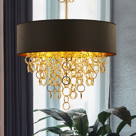 Vintage Cylinder Chandelier: 3-Light Fabric Pendant In Black With Gold Ring 18 And 23.5 Wide