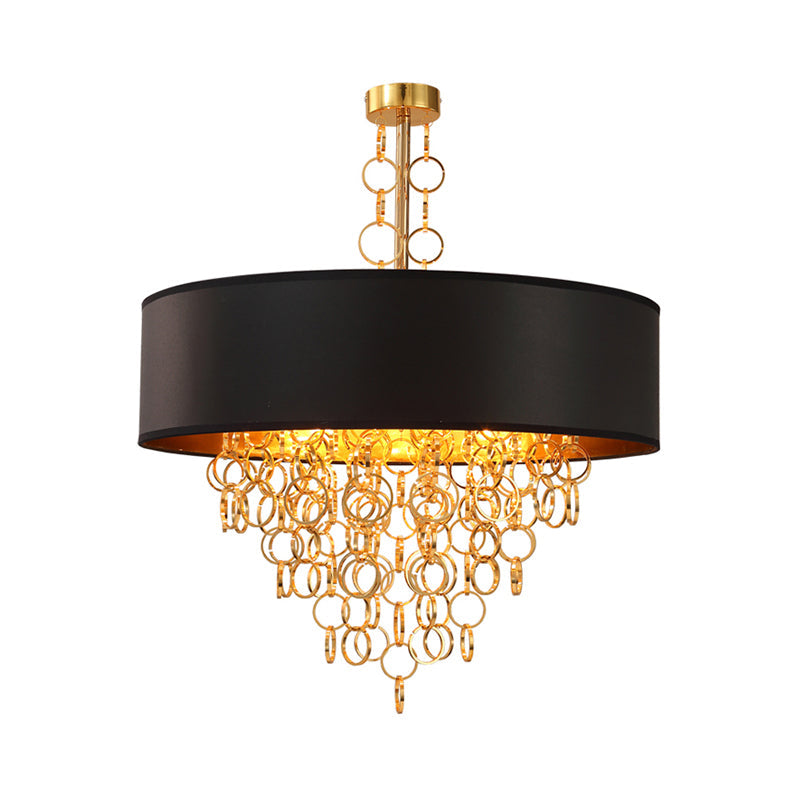 Vintage Cylinder Chandelier: 3-Light Fabric Pendant In Black With Gold Ring 18 And 23.5 Wide