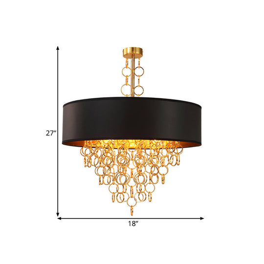 Vintage Cylinder Chandelier: 3-Light Fabric Pendant In Black With Gold Ring 18 And 23.5 Wide