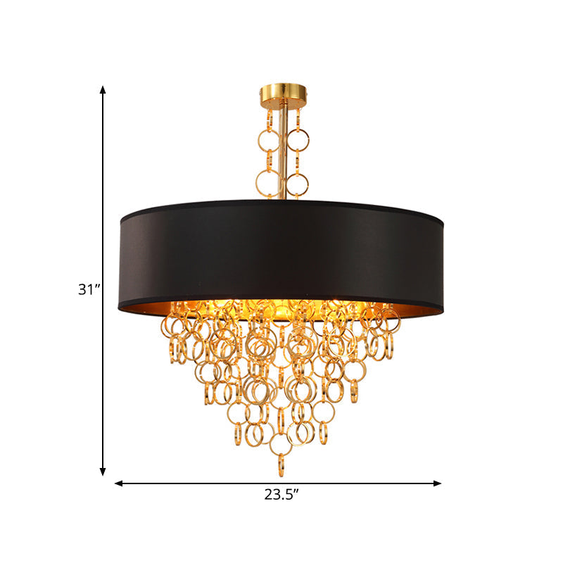 Vintage Cylinder Chandelier: 3-Light Fabric Pendant In Black With Gold Ring 18 And 23.5 Wide