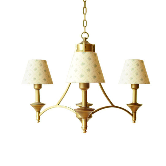 Traditional 3-Light Cone Fabric Chandelier For Bedroom - Pendant Lighting In Green/Beige/Gray And