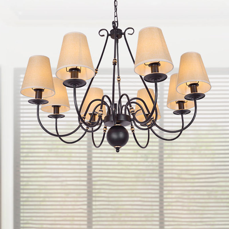 Flaxen 8-Light Chandelier: Traditional Cone Pendant Lamp With Scrolled Arm - Fabric Shade