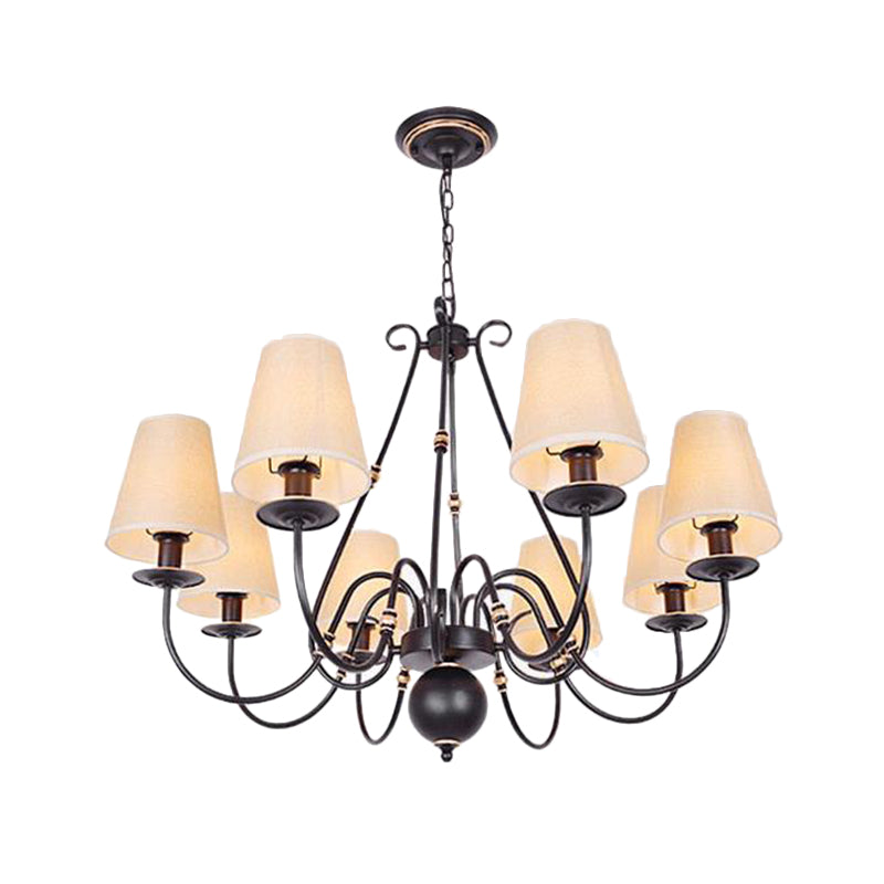 Flaxen 8-Light Chandelier: Traditional Cone Pendant Lamp With Scrolled Arm - Fabric Shade