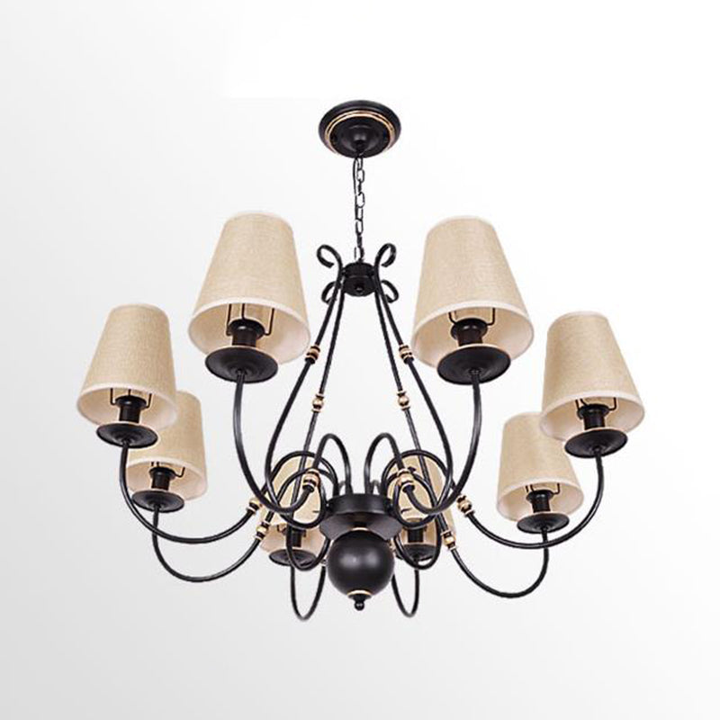 Flaxen 8-Light Chandelier: Traditional Cone Pendant Lamp With Scrolled Arm - Fabric Shade