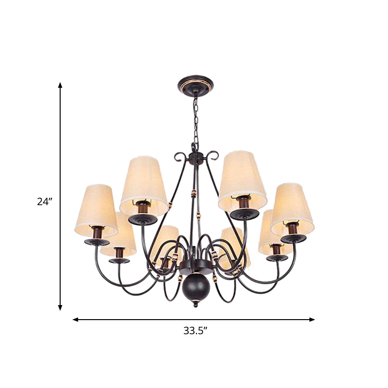 Flaxen 8-Light Chandelier: Traditional Cone Pendant Lamp With Scrolled Arm - Fabric Shade