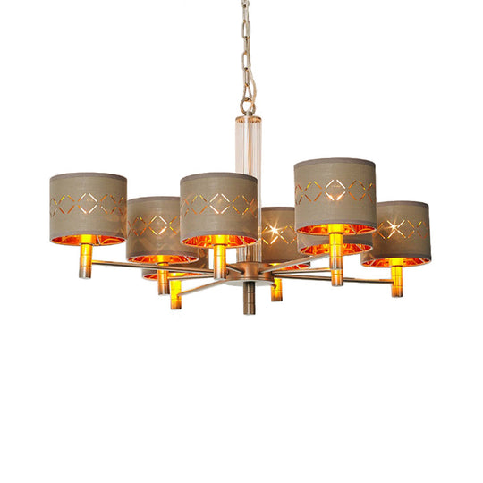 Traditional Bedroom Pendant Light With Drum Fabric Shade - 6/8 Bulbs Ceiling Lamp In Brown