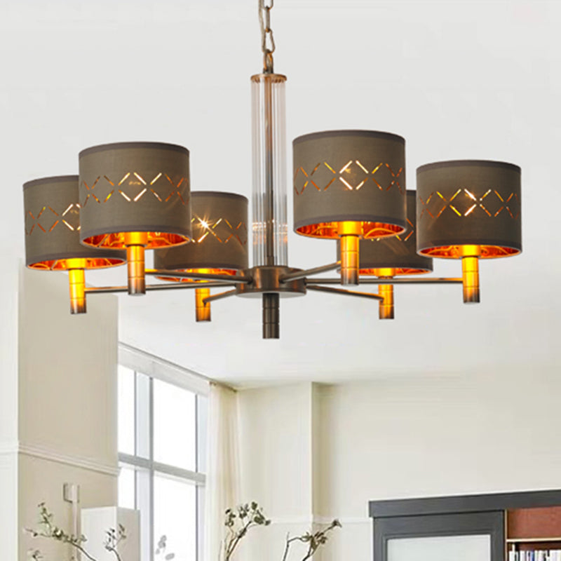 Traditional Bedroom Pendant Light With Drum Fabric Shade - 6/8 Bulbs Ceiling Lamp In Brown