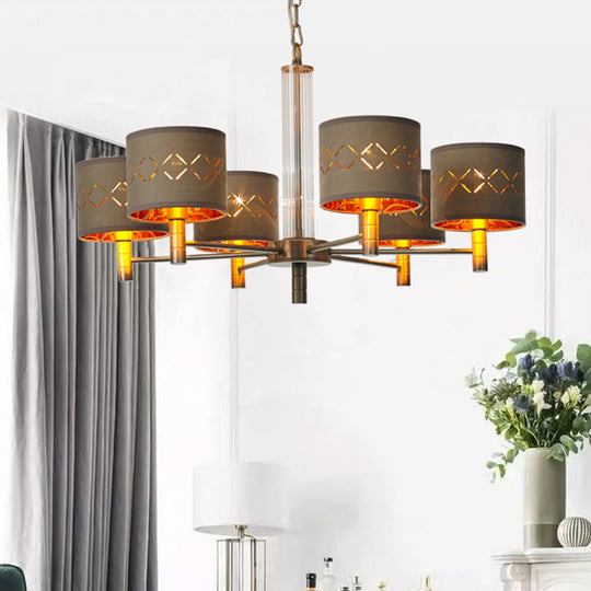 Traditional Bedroom Pendant Light With Drum Fabric Shade - 6/8 Bulbs Ceiling Lamp In Brown