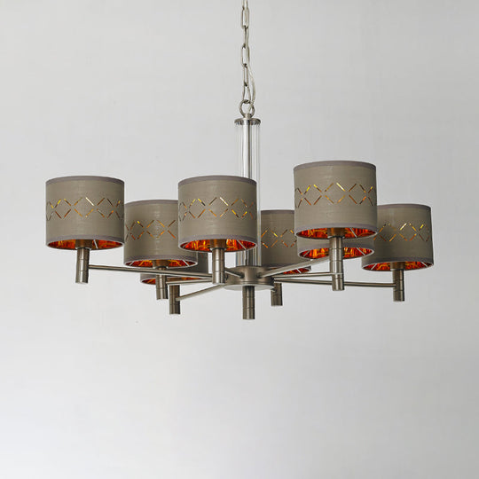 Traditional Bedroom Pendant Light With Drum Fabric Shade - 6/8 Bulbs Ceiling Lamp In Brown