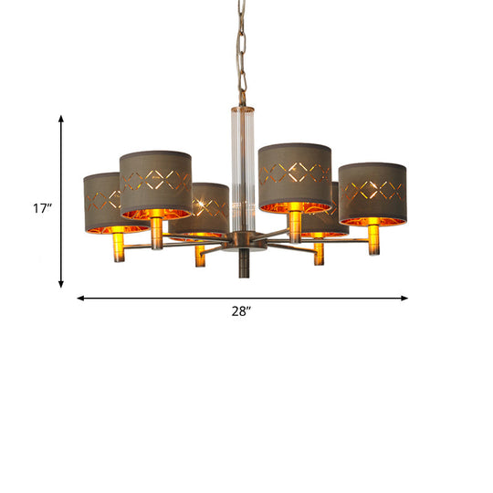 Traditional Bedroom Pendant Light With Drum Fabric Shade - 6/8 Bulbs Ceiling Lamp In Brown