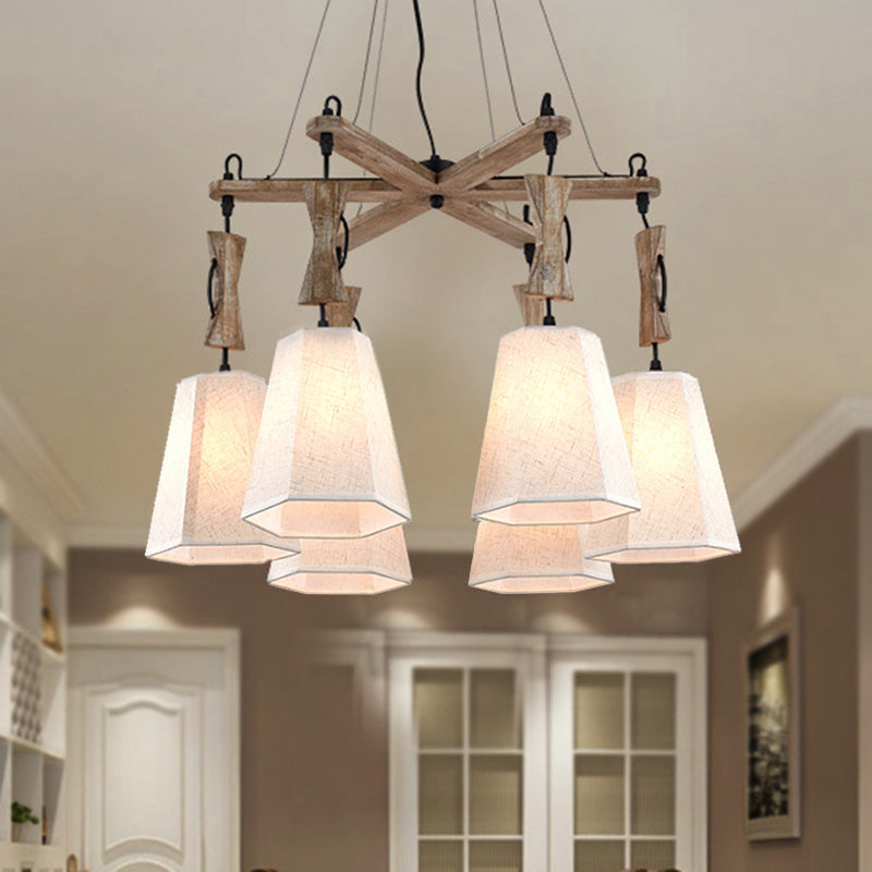 Tapered Fabric Chandelier With 6 Traditional Lights - Living Room Pendant In White/Black/Flaxen