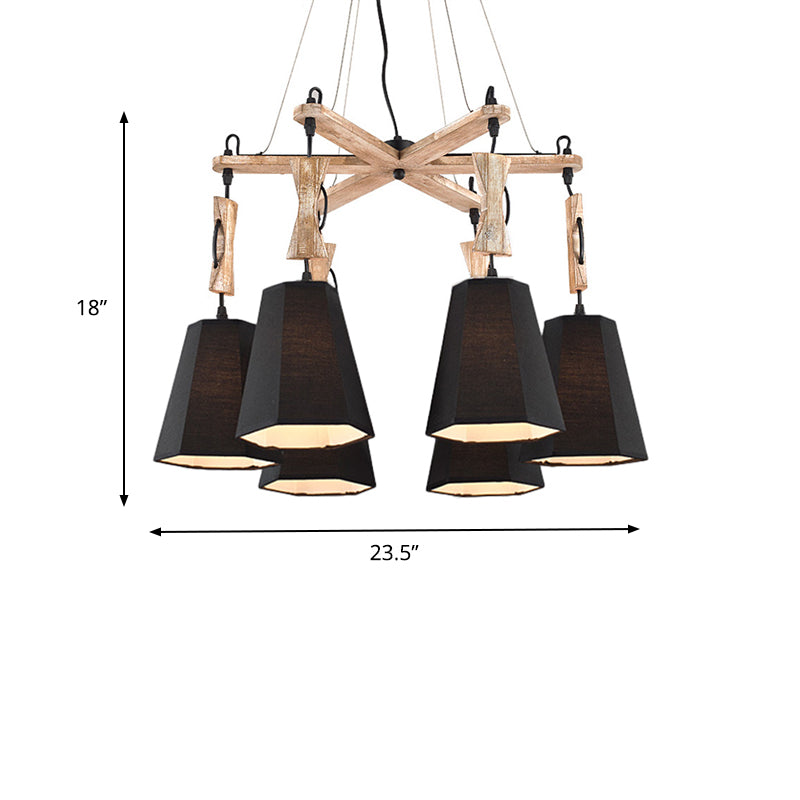 Tapered Fabric Chandelier With 6 Traditional Lights - Living Room Pendant In White/Black/Flaxen