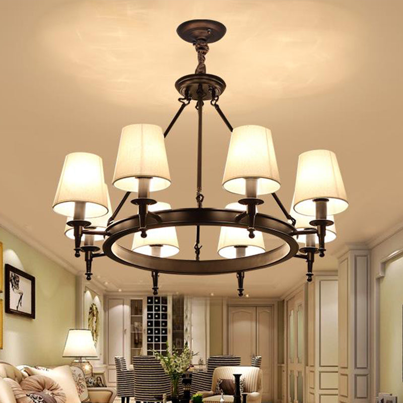 Traditional Tapered Pendant Chandelier - Fabric 3/6/8-Light Black Hanging Fixture With Wagon Wheel