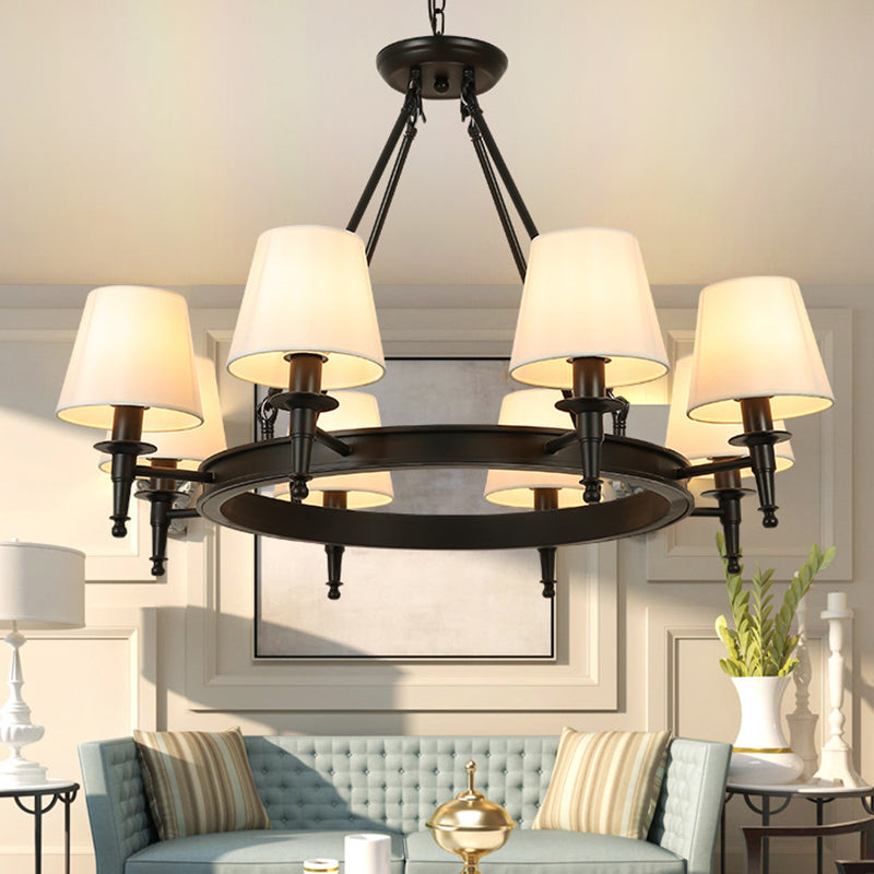 Traditional Tapered Pendant Chandelier - Fabric 3/6/8-Light Black Hanging Fixture With Wagon Wheel