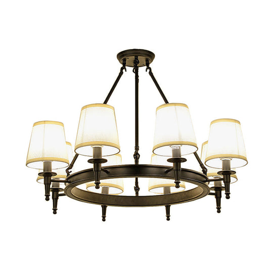 Traditional Tapered Pendant Chandelier - Fabric 3/6/8-Light Black Hanging Fixture With Wagon Wheel