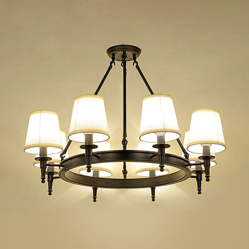 Traditional Tapered Pendant Chandelier - Fabric 3/6/8-Light Black Hanging Fixture With Wagon Wheel