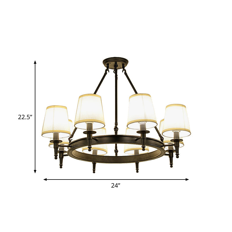 Traditional Tapered Pendant Chandelier - Fabric 3/6/8-Light Black Hanging Fixture With Wagon Wheel