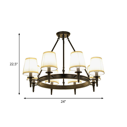 Traditional Tapered Pendant Chandelier - Fabric 3/6/8-Light Black Hanging Fixture With Wagon Wheel