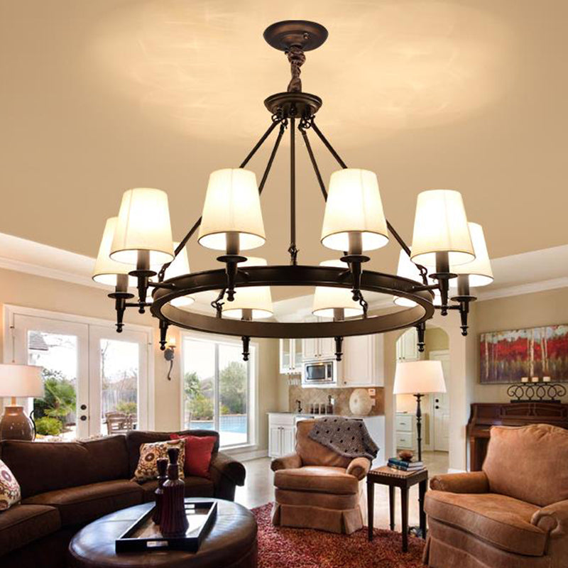 Traditional Tapered Pendant Chandelier - Fabric 3/6/8-Light Black Hanging Fixture With Wagon Wheel