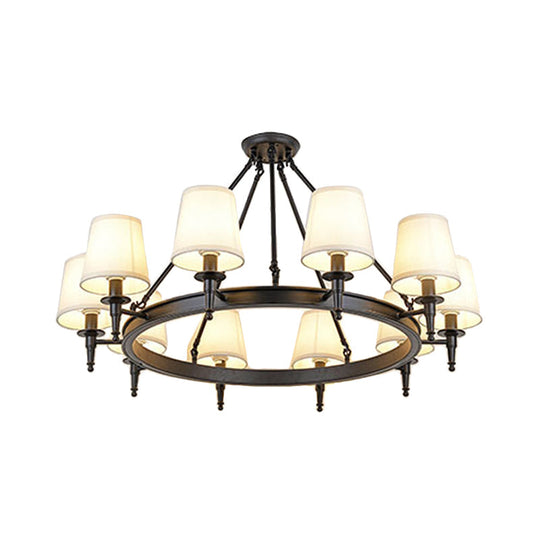 Traditional Tapered Pendant Chandelier - Fabric 3/6/8-Light Black Hanging Fixture With Wagon Wheel