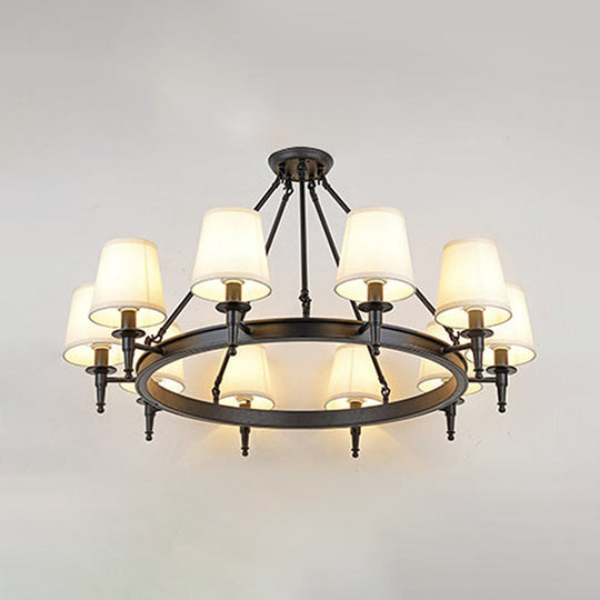 Traditional Tapered Pendant Chandelier - Fabric 3/6/8-Light Black Hanging Fixture With Wagon Wheel