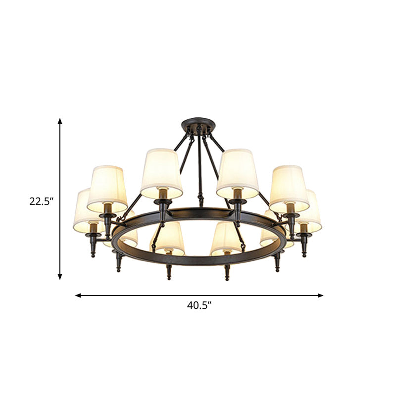 Traditional Tapered Pendant Chandelier - Fabric 3/6/8-Light Black Hanging Fixture With Wagon Wheel