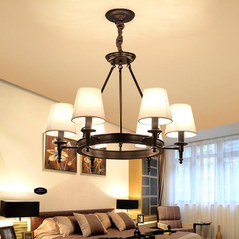 Traditional Tapered Pendant Chandelier - Fabric 3/6/8-Light Black Hanging Fixture With Wagon Wheel