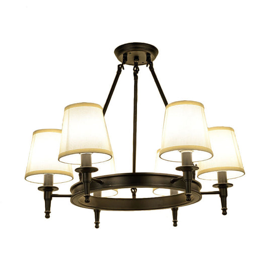 Traditional Tapered Pendant Chandelier - Fabric 3/6/8-Light Black Hanging Fixture With Wagon Wheel