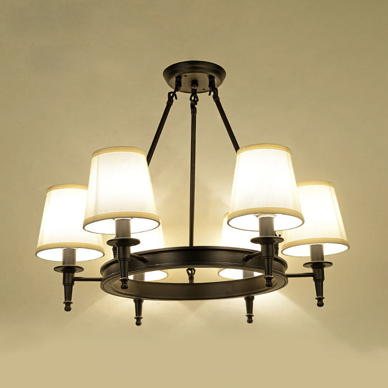 Traditional Tapered Pendant Chandelier - Fabric 3/6/8-Light Black Hanging Fixture With Wagon Wheel