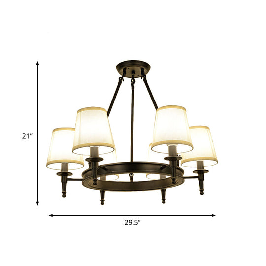 Traditional Tapered Pendant Chandelier - Fabric 3/6/8-Light Black Hanging Fixture With Wagon Wheel