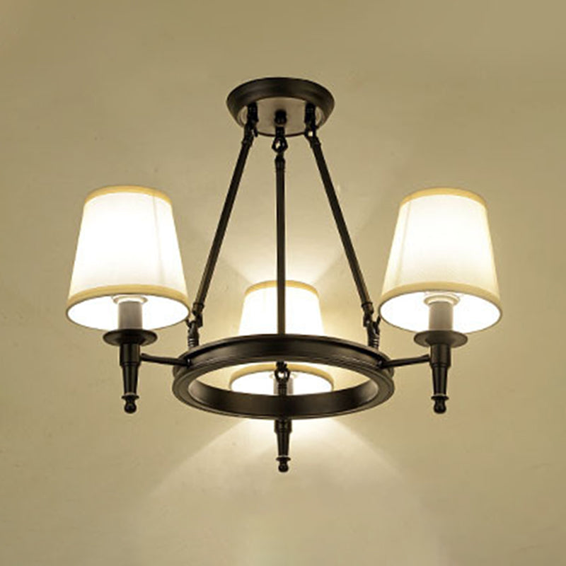 Traditional Tapered Pendant Chandelier - Fabric 3/6/8-Light Black Hanging Fixture With Wagon Wheel