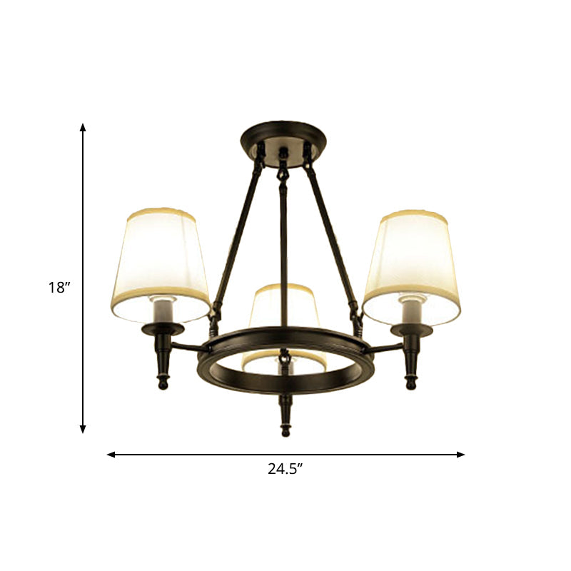 Traditional Tapered Pendant Chandelier - Fabric 3/6/8-Light Black Hanging Fixture With Wagon Wheel