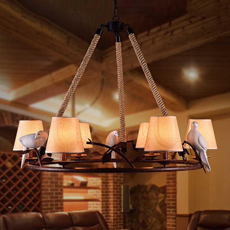 Traditional Beige Chandelier With 6 Lights And Cone Shade - Fabric Wagon Wheel Pendant Lamp