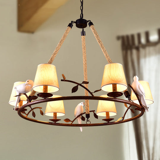 Traditional Beige Chandelier With 6 Lights And Cone Shade - Fabric Wagon Wheel Pendant Lamp