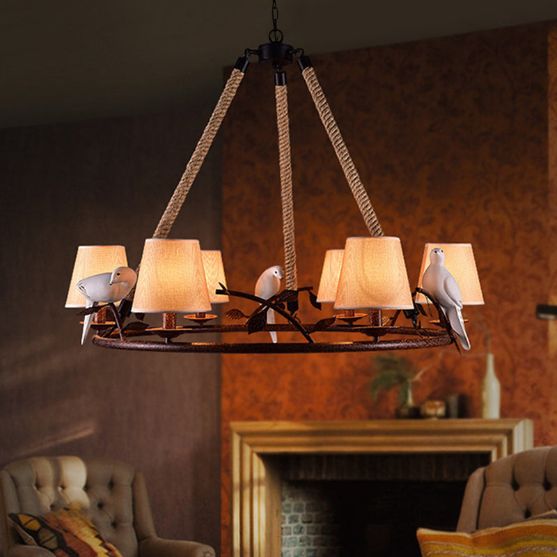 Traditional Beige Chandelier With 6 Lights And Cone Shade - Fabric Wagon Wheel Pendant Lamp