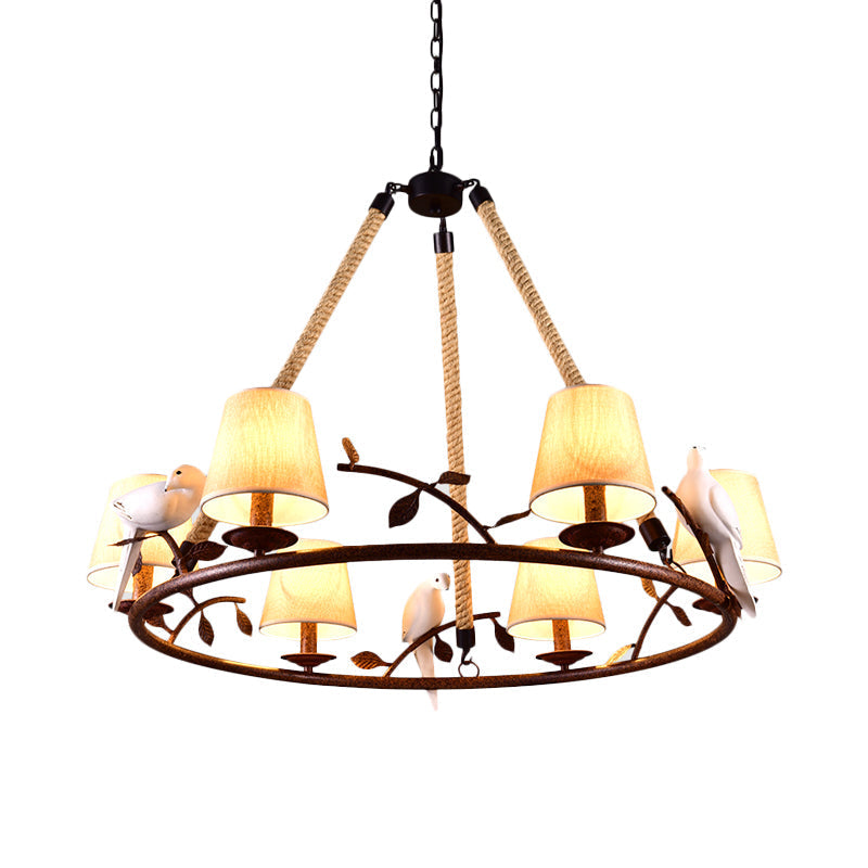 Traditional Beige Chandelier With 6 Lights And Cone Shade - Fabric Wagon Wheel Pendant Lamp