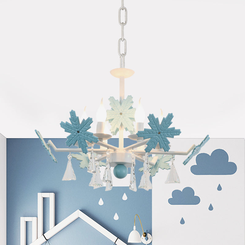 Kids Clear Glass Candle Chandelier: 3/6 Lights Gray/White Pendant Lamp With K9 Crystal & Snowflake