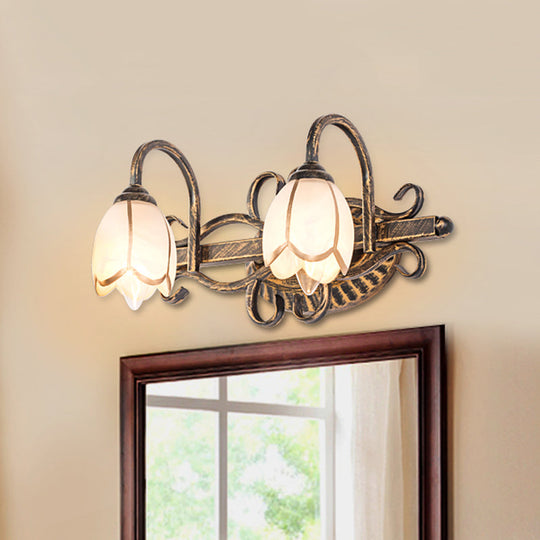 Traditional Antique Brass Vanity Light With Frosted Glass And Floral Design - 2/3 Lights