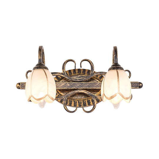 Traditional Antique Brass Vanity Light With Frosted Glass And Floral Design - 2/3 Lights