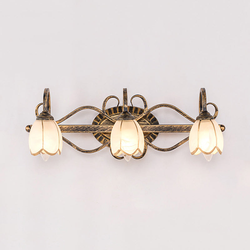 Traditional Antique Brass Vanity Light With Frosted Glass And Floral Design - 2/3 Lights