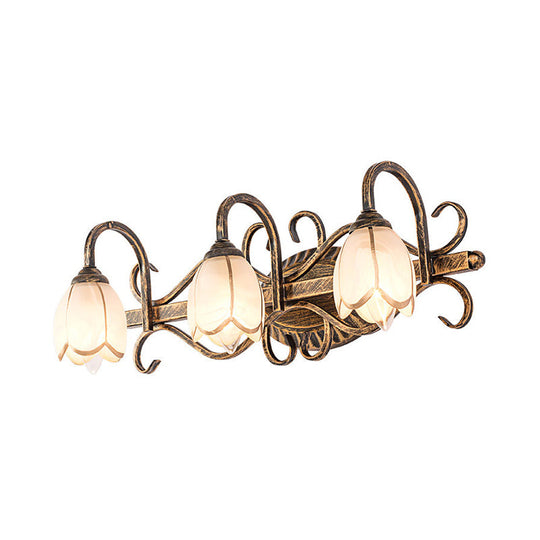 Traditional Antique Brass Vanity Light With Frosted Glass And Floral Design - 2/3 Lights