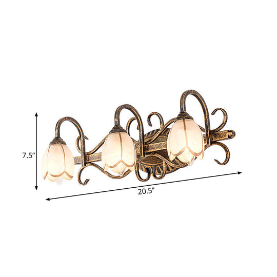 Traditional Antique Brass Vanity Light With Frosted Glass And Floral Design - 2/3 Lights