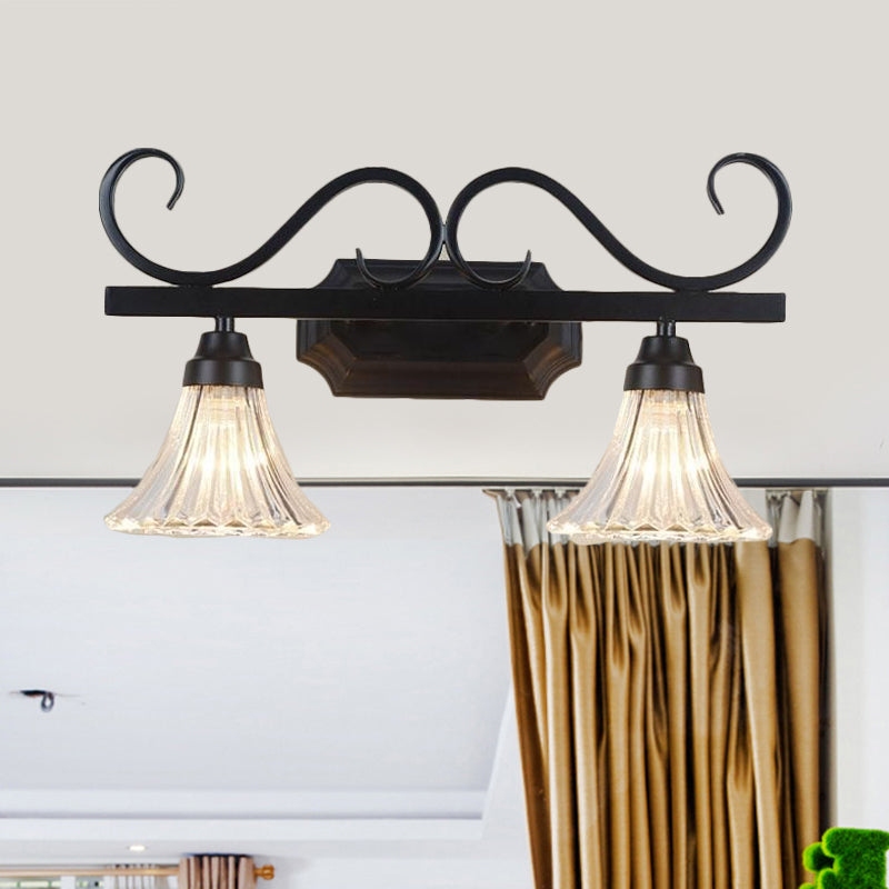 Traditional 2-Light Wall Fixture With Clear Textured Glass For Bathroom Makeup Lighting