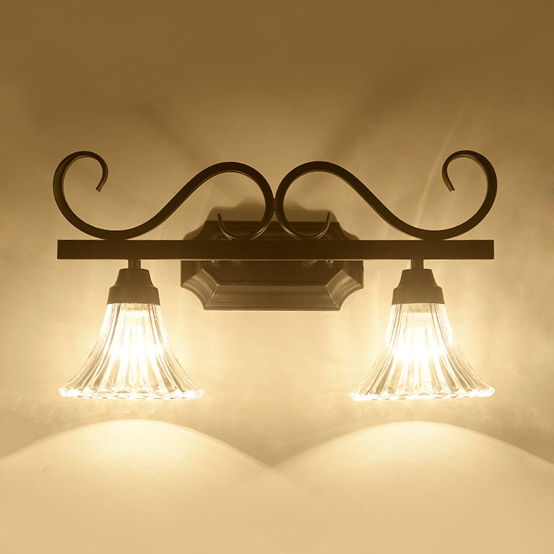 Traditional 2-Light Wall Fixture With Clear Textured Glass For Bathroom Makeup Lighting