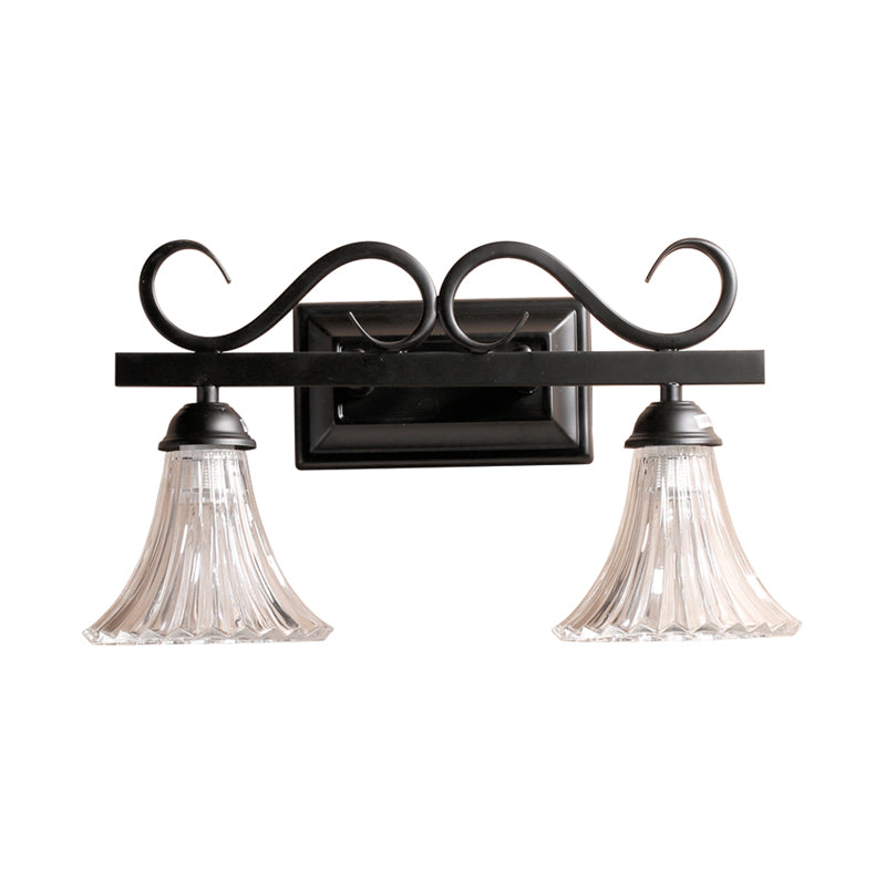 Traditional 2-Light Wall Fixture With Clear Textured Glass For Bathroom Makeup Lighting